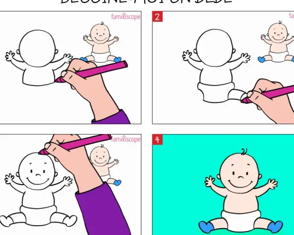 Étapes pour apprendre comment dessiner un bébé. Une main dessine un bébé, ajoutant des détails étape par étape.