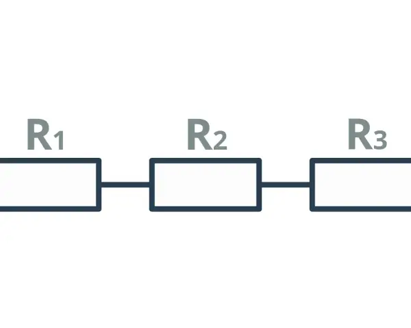 Schemat obwodu elektrycznego z trzema rezystorami R1, R2, R3 połączonymi szeregowo.