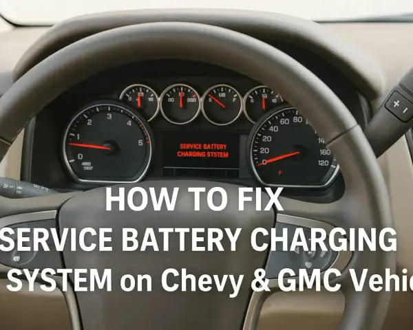 Dashboard of a Chevy/GMC vehicle showing a "SERVICE BATTERY CHARGING SYSTEM" warning light, with text overlay "HOW TO FIX SERVICE BATTERY CHARGING SYSTEM".