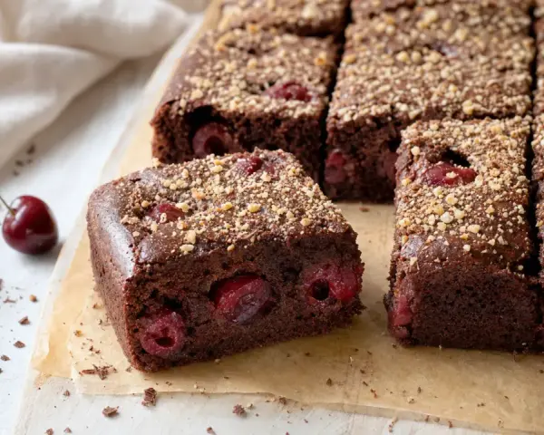 Saftiger kirschkuchen mit frischen kirschen, bestreut mit Nüssen. Daneben liegen frische Kirschen und Schokostückchen.