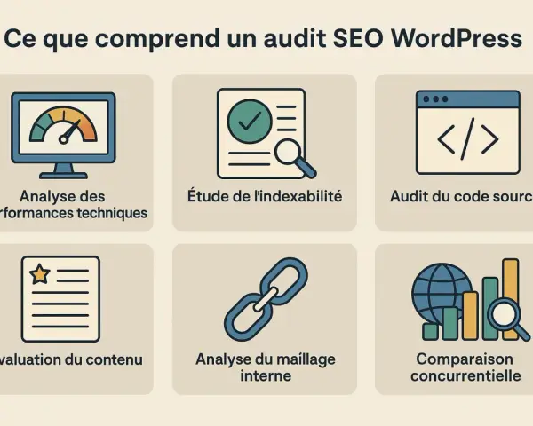 Audit SEO WordPress : analyse technique, indexabilité, code source, contenu, maillage interne, et comparaison concurrentielle pour une analyse SEO gratuite et complète.