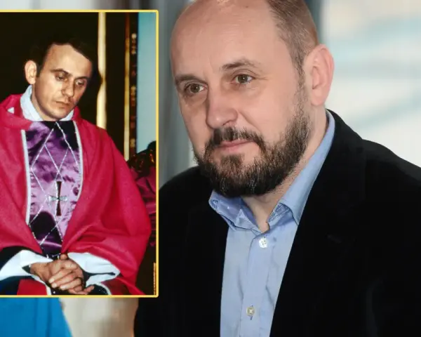 Kto grał Popiełuszkę? Na zdjęciu ks. Jerzy Popiełuszko w szatach liturgicznych i aktor Adam Woronowicz.