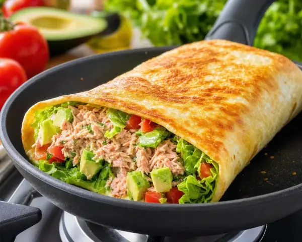 Un wrap garni de thon, avocat et tomates, prêt à être dégusté. Une recette wrap facile et rapide pour un repas sain.