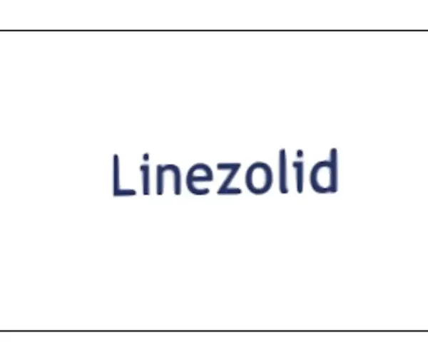Niebieski napis "Linezolid" na białym tle. Linezolid to antybiotyk.