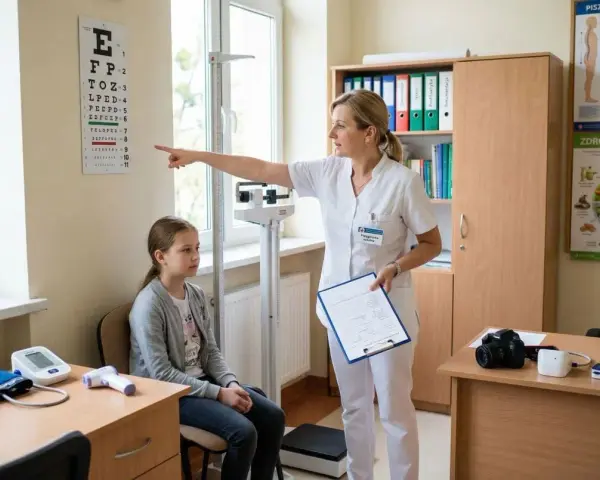 Pielęgniarka podczas indywidualnej praktyki pielęgniarskiej bada wzrok dziewczynki, wskazując na tablicę Snellena.