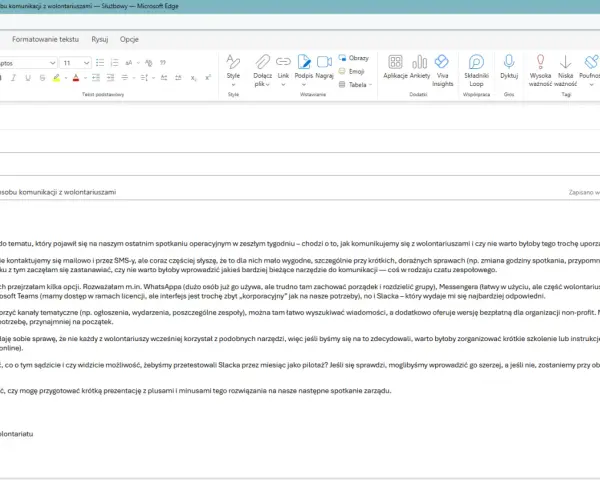 Jak napisać maila do wolontariuszy o zmianie komunikacji. Ania Kowalska proponuje Slacka jako narzędzie do czatu zespołowego.