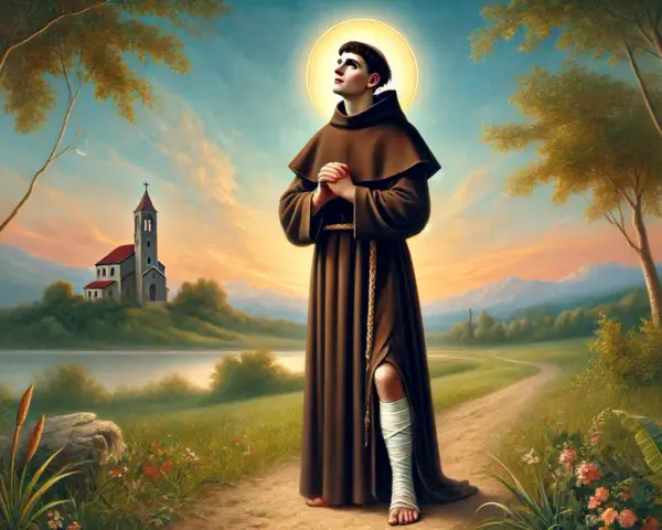 Młody mężczyzna w habicie, z raną na nodze, wznosi oczy ku niebu. W tle kościół i krajobraz. To jego modlitwa o cud.