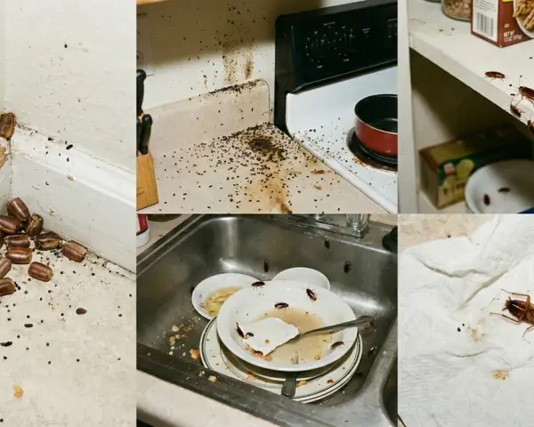 Una plaga de cucaracha oriental en casa. Se ven en esquinas, encimeras sucias, estantes y en un fregadero con platos sucios.