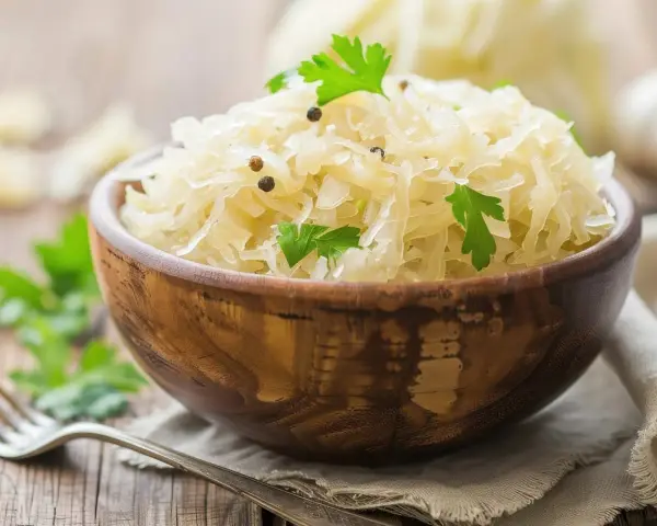 Schüssel mit Sauerkraut, garniert mit Petersilie und Pfefferkörnern. Dieses fermentierte Gericht ist bekannt dafür, dass Sauerkraut gesund ist.