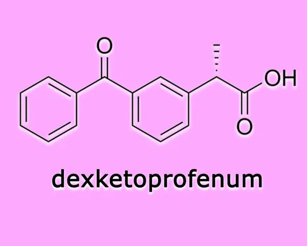 Struktura chemiczna deksketoprofenu, leku przeciwbólowego i przeciwzapalnego.