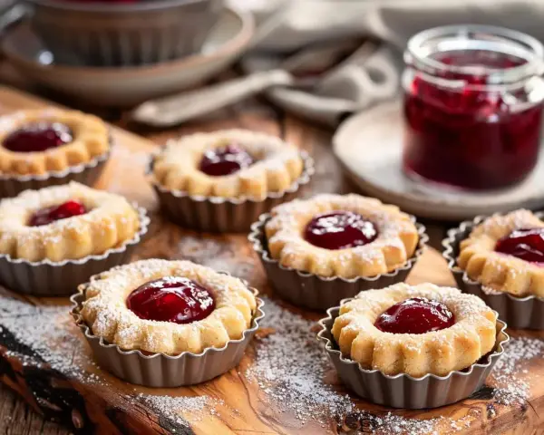 Små hallongrottor, perfekta för fikat. Ett enkelt hallongrottor recept ger dessa söta bakverk med sylt i mitten.