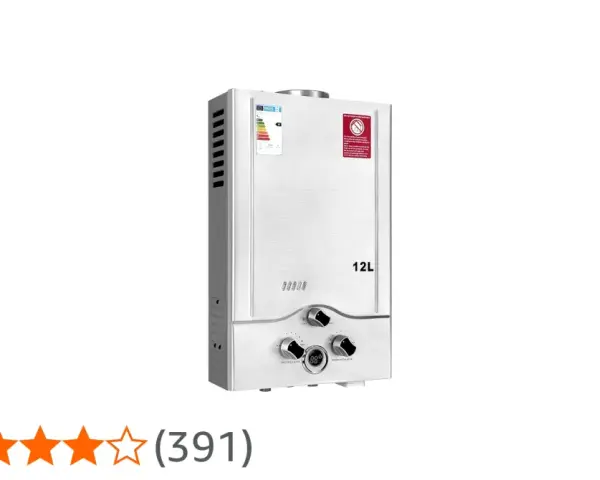 Scaldabagno a gas da 12L, ideale per aumentare pressione acqua. Regolatori gas e acqua visibili.
