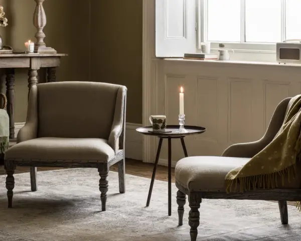 Przytulny salon w stylu angielskim. Dwa fotele, stolik z zapaloną świecą, kosz z pledem i stylowy mebel pod oknem.