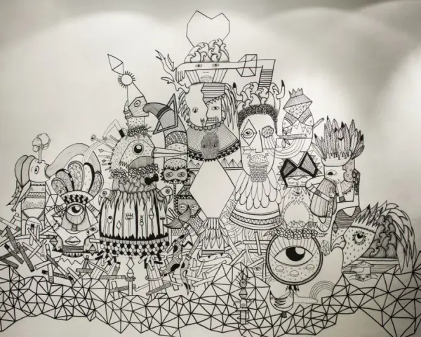 En detaljerad doodle svenska med många fantasifulla figurer och mönster.