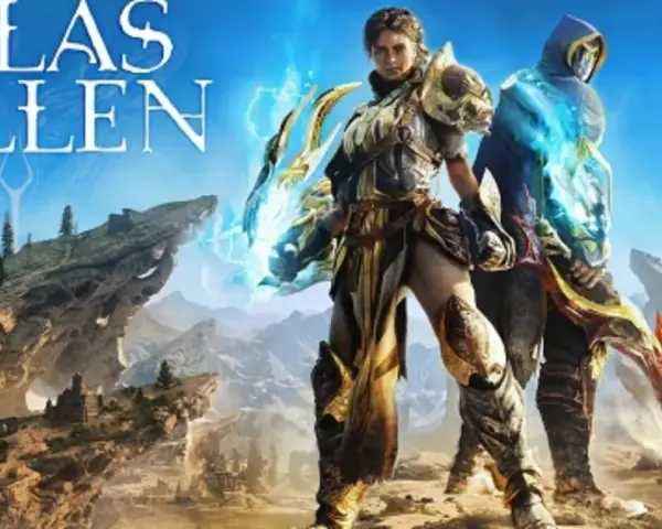 Dos guerreros, uno con armadura dorada y otro encapuchado, se alzan en un paisaje árido y montañoso. El título "Atlas Fallen" flota en el cielo azul.