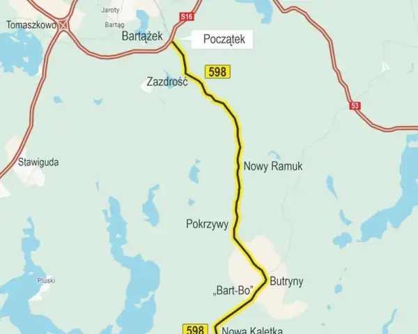Mapa z zaznaczonymi trasami rowerowymi w okolicach Olsztyna. Widoczne miejscowości: Bartążek, Zazdrość, Nowy Ramuk, Pokrzywy, Butryny.