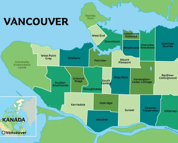 Mapa pokazuje gdzie leży Vancouver w Kanadzie, z podziałem na dzielnice: Downtown, Kitsilano, Stanley Park i inne.