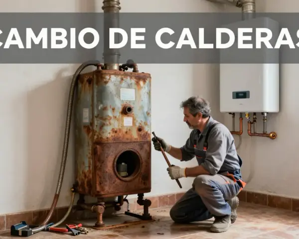 Un técnico evalúa una caldera vieja y oxidada junto a una nueva. Averigua cuanto cuesta cambiar una caldera de gas.