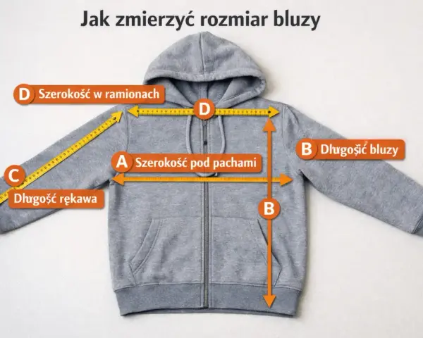 Jak mierzyć bluzy: szerokość w ramionach (D), pod pachami (A), długość rękawa (C) i długość bluzy (B).