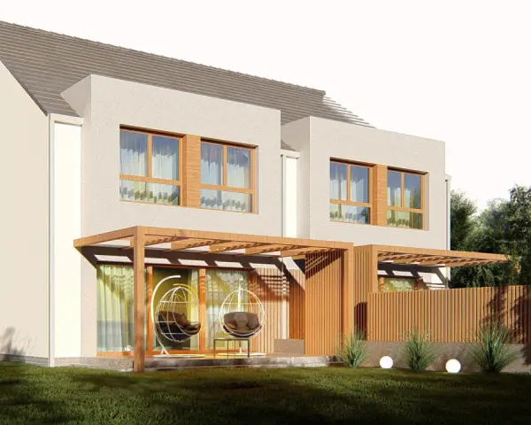 Nowoczesne projekty domów jednorodzinnych dwulokalowych z tarasami i wiszącymi fotelami.