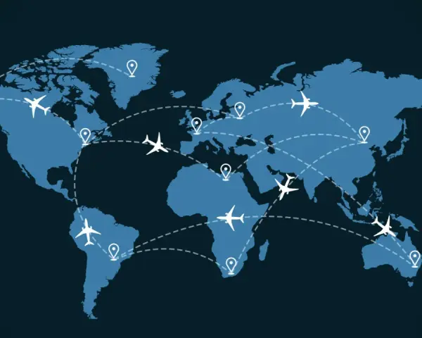 World map with flight paths connecting continents. Discover the best time to book international flights to Europe for your next adventure.
