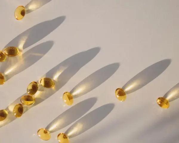 Gula kapslar med vitamin D sprids ut på en ljus yta, med långa skuggor som skapar ett mönster. Vitamin D funktion är viktig för kroppen.