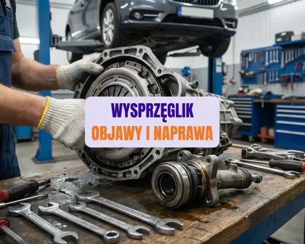Mechanik trzyma skrzynię biegów, na stole leżą klucze. Widoczny wysprzęglik centralny, objawy i naprawa.