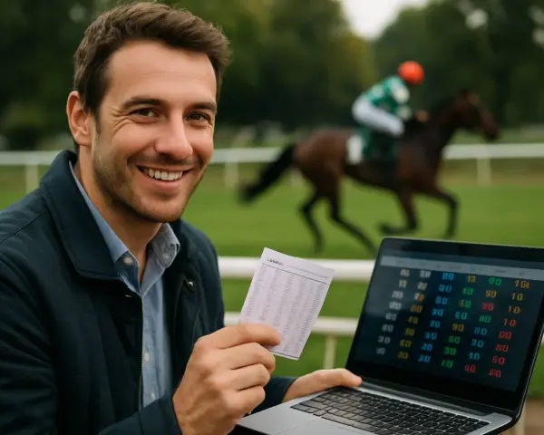 Homme souriant avec un ticket de pari et un ordinateur portable, regardant les cotes cheval en arrière-plan d'une course.