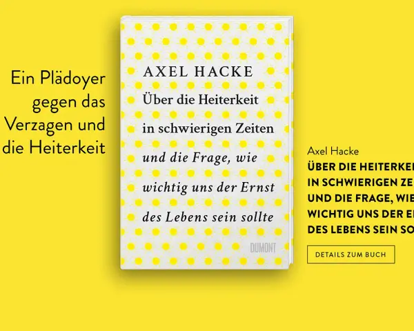 Buchcover von Axel Hacke mit Sonnensymbolen und dem Titel "Über die Heiterkeit in schwierigen Zeiten".