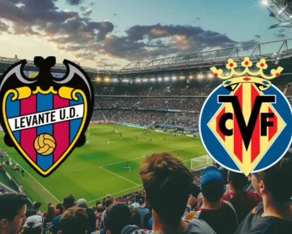 Emblematy Levante i Villarreal na tle stadionu pełnego kibiców. Zapowiada się emocjonujący mecz!