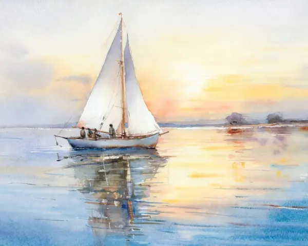 Aquarelle d'un bateau à voile au coucher du soleil. Une scène paisible, facile à reproduire pour les amateurs d'aquarelle.