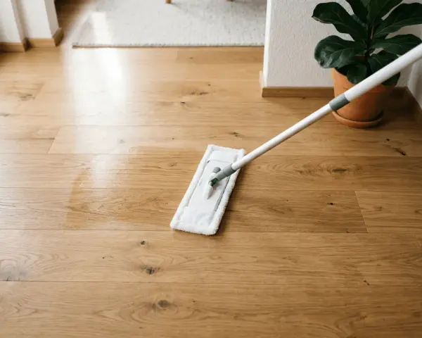 Ein Wischmopp reinigt einen glänzenden Holzboden. Das Laminat erstrahlt nach der Reinigung.