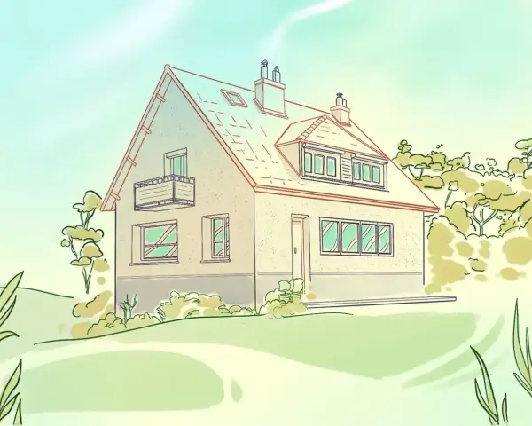 Un dibujo de una casa con balcón, rodeada de árboles y vegetación, bajo un cielo claro.