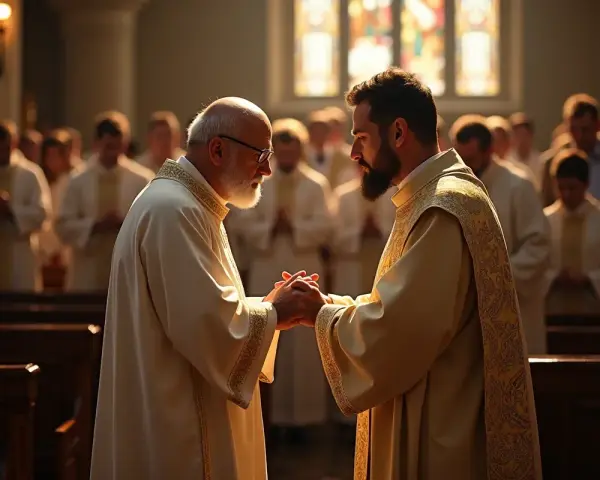 Dwóch kapłanów w szatach liturgicznych trzyma się za ręce w kościele, w tle inni duchowni.