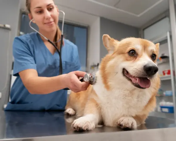 Weterynarz osłuchuje corgi. Czy do weterynarza trzeba się umawiać? Zazwyczaj tak, aby zapewnić pupilowi najlepszą opiekę.