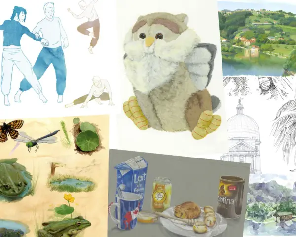 Un livre de dessin présente des aquarelles de danseurs, de grenouilles, d'un hibou en peluche, d'un paysage, d'une maison dans un arbre, d'une palme, d'une coupole et de la tour de Pise.