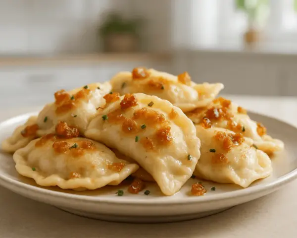 Pyszne pierogi ruskie z ziemniakami i serem, polane skwarkami i szczypiorkiem, na talerzu.