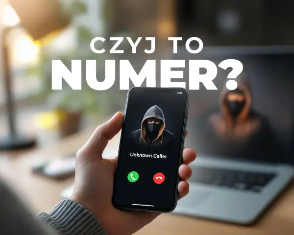 Dłoń trzyma smartfon z ekranem pokazującym nieznanego dzwoniącego. W tle laptop z podobną postacią.
