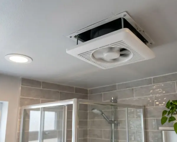 Extractor de baño siempre encendido, ventilando el espacio sobre la ducha. Una luz empotrada ilumina el techo.