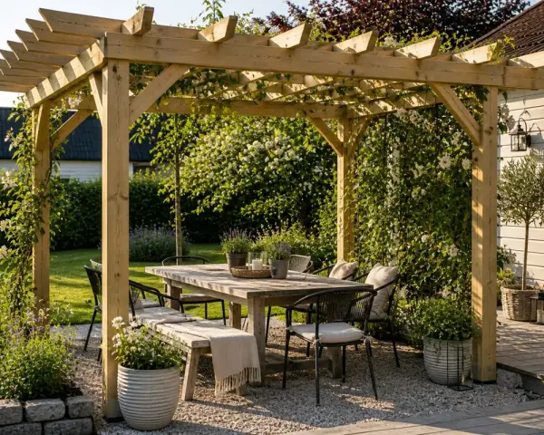 En vacker träpergola inbjuder till avkoppling. Ett runt bord med stolar och en bänk står redo för middagar utomhus.
