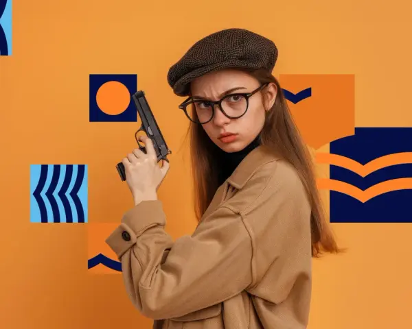 Dziewczyna w kaszkiecie i okularach trzyma pistolet. Może to symbolizować jej zainteresowanie kryminalistyka studia wymagania.