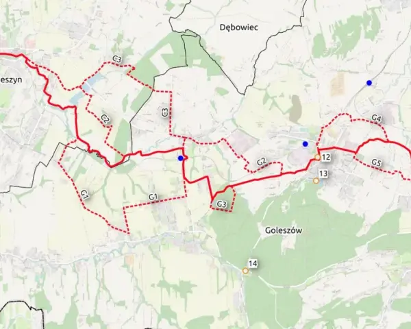 Mapa z zaznaczoną trasą rowerową w okolicach Cieszyna i Goleszowa. Widoczne punkty orientacyjne i oznaczenia szlaków, np. C1, G1.