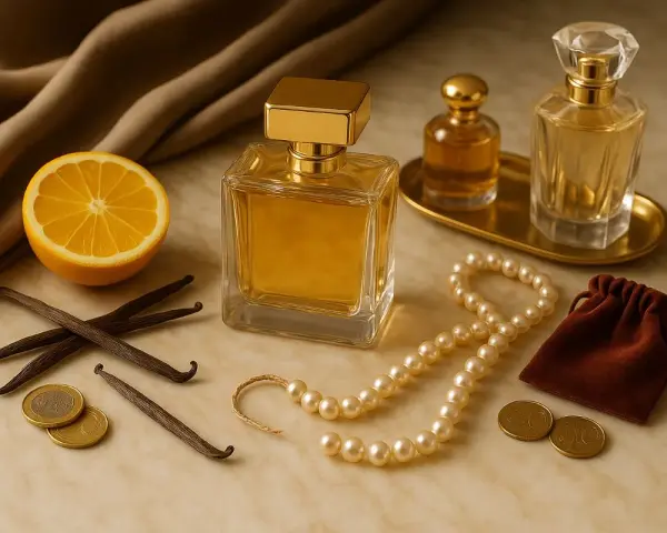 Eleganckie perfumy chic, z nutami wanilii i cytrusów, otoczone perłami i złotymi monetami.