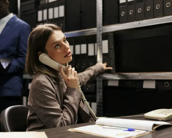 Kobieta, pracująca jako kryminolog, odbiera telefon w archiwum pełnym akt.