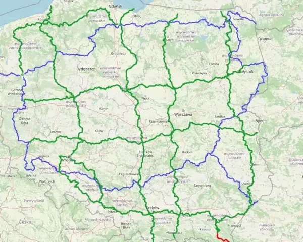 Mapa tras motocyklowych na Śląsku i w okolicach. Zielone i niebieskie linie wyznaczają malownicze drogi dla miłośników dwóch kółek.