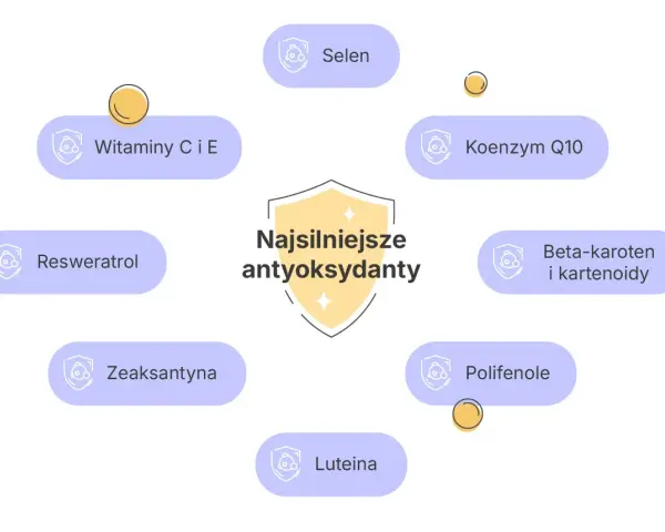 Schemat przedstawiający najsilniejsze antyoksydanty w kosmetykach: witaminy C i E, selen, koenzym Q10, beta-karoten, polifenole, luteina, zeaksantyna, resweratrol.
