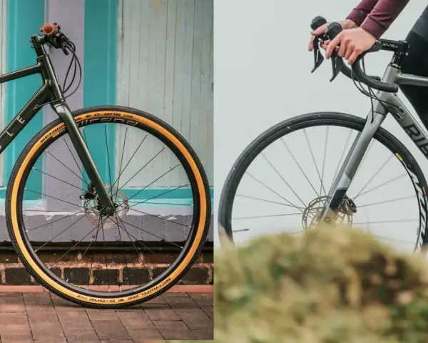 Left: a dark green commuter bike with tan tires. Right: a grey hybrid bike with a rider, ready for adventure.