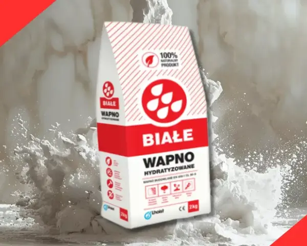 Białe wapno hydratyzowane w worku, otoczone chmurą pyłu. Idealne do prac budowlanych.