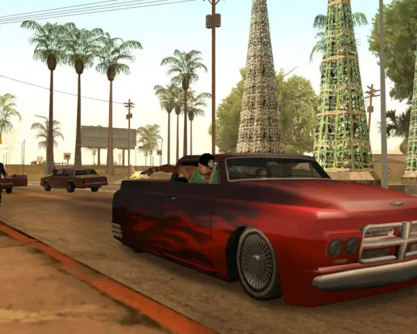 Postacie z GTA San Andreas, gra wydana w 2004 roku, uciekają przed policją w Los Santos.