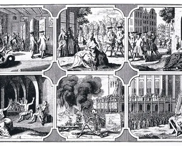 A series of engravings depicting historical punishments, possibly related to what is sodomy, showing trials, executions, and public shaming.